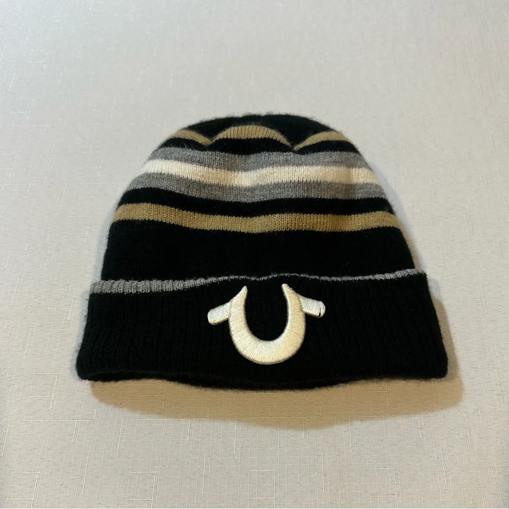 True Religion Horseshoe Logo Beanie Hat Sherpa Lined Black - Stripes